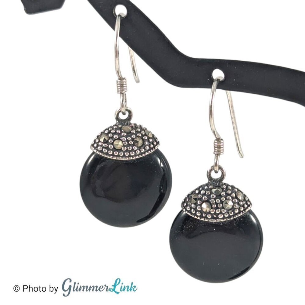 Vintage ATI Sterling Silver Marcasite Black Onyx Dangle Earrings